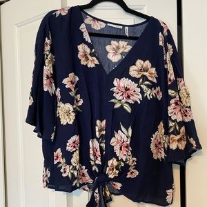 LUQ Navy Floral tie waist flare sleeve top